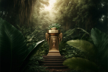 Wall Mural - Wood pedestal in tropical forest for product presentation, Generative ai