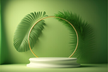 Wall Mural - Verde product podium with green tropical palm leaves, Generative ai