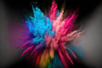 Sticker - Freeze motion of color powder exploding throwing color powder on abstract black background. Generative AI