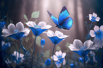 Canvas Print - Beautiful spring background with blue butterfly in flight and flowers anemones in forest on nature. Delicate elegant dreamy airy artistic image harmony of nature. Generative AI