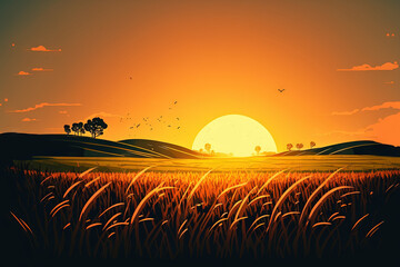 Wall Mural - Grass on the field during sunrise. Agricultural landscape in the summer time. Generative AI