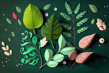 Wall Mural - Inventive design using green leaves. Lay flat. nature idea. Generative AI