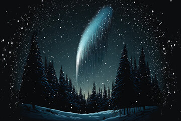 Wall Mural - Christmas night. The first star lit up in the winter forest with snow and the night starry sky. Christmas Eve concept. Comet falls in the starry night sky. Generative AI