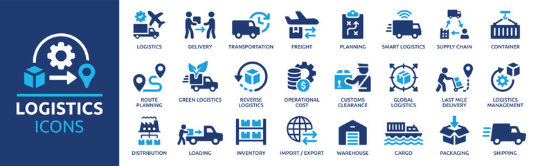 logistics icon set. containing distribution, shipping, transportation, delivery, cargo, freight, rou