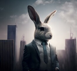 Wall Mural - rabbit wearing a suit and standing in front of a skyscraper, symbolising the ambition and reach of a successful business (AI Generated)