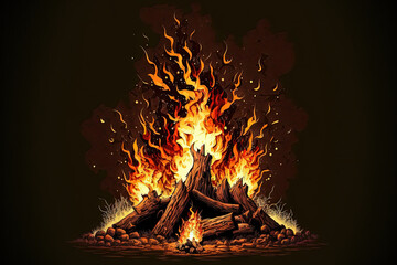 Wall Mural - Fire flames on black background, Blaze fire flame texture background, Beautifully, the fire is burning, Fire flames with wood and cow dung bonfire. Generative AI