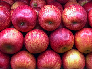 Gala apples arranged in stack at supermarket. Apples pattern.