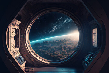 bright spaceship interior with a view out a dark window. generative ai