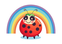 Cute Ladybug Character And Rainbow. Flat Vector Illustration.