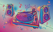 Drawn turntable with speakers and graffiti arrows, colorful funky music design