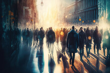UK's London. Walking Crowd At Work Early In The Morning. Wide Background With Room For Text In A Concept. Multi Exposure Photograph. Generative AI