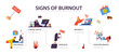 Signs of emotional burnout infographic, flat vector illustration isolated.