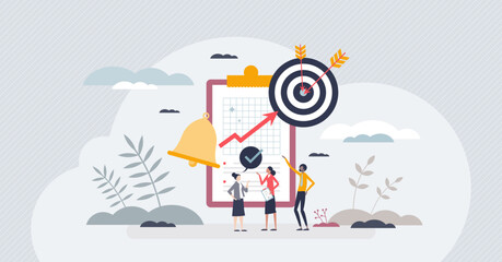 Wall Mural - Working on project for effective goal accomplishment tiny person concept. Teamwork job with productive time management, distribution of responsibilities and planning strategy vector illustration.