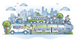 Sustainable transportation with green energy source usage outline concept. Alternative, renewable and nature friendly transport for city mobility services vector illustration. EV, subway and bicycles