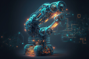 Future vr technology for mechanized industry robot arm control . concept of robotics technology for industrial revolution and automated manufacturing process . Robot arm ai analyzing mathematics for m