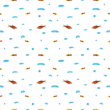 Watercolor underwater seamless pattern of neon tetra fishes on white background. Print for design, cards, background, menus, souvenirs, decor, banner, wallpaper, fabric, textile, wrapping