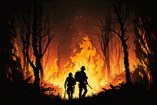 Silhouette Of Firemen Fighting A Raging Fire With Huge Flames Of Burning Timber. Generative AI