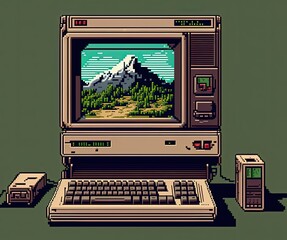 Pixel art old computer with landscape wallpaper, background in retro style for 8 bit game, Generative AI