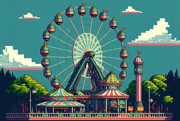 Pixel art amusement park, background in retro style for 8 bit game, Generative AI