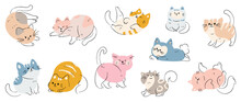 Cute And Smile Cat Doodle Vector Set. Adorable Cat Or Fluffy Kitten Character Design Collection With Flat Color, Different Poses On White Background. Design Illustration For Sticker, Comic, Print.