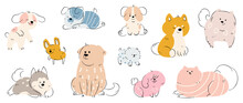 Set Of Cute Dogs Vector. Lovely Dog And Puppy Doodle Pattern In Different Poses, Breeds, Shiba, Labrador, Chihuahua With Flat Color. Adorable Pet Characters Hand Drawn Collection On White Background.