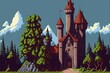 Pixel art medieval castle with trees and mountains, background in retro style for 8 bit game, Generative AI