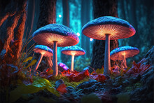  A Group Of Mushrooms That Are In The Grass Near Trees And Leaves In The Woods At Night Time, With Lights Shining On Them, And Glowing On The Ground, In The Forest,. Generative Ai