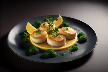 Poster -  a plate of scallops and broccoli on a table with a dark background and a black plate with a yellow border and black border with a black border and white border and a black border. generative ai