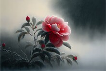  A Painting Of A Pink Flower On A Branch With Leaves And Fog In The Background, With A Black Background, With A White Border, With A Red Center, And Yellow Center,. Generative Ai