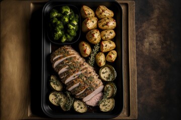 Poster -  a tray of food with meat, potatoes, and broccoli on it, including potatoes and potatoes, and a meat loaf in a black container with a brown lid on a wooden table. generative ai