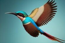  A Colorful Bird Flying Through The Air With Its Wings Spread Out And Wings Spread Out To The Side Of The Bird, With A Blue Background Of A Blue Sky And A Few White,. Generative Ai