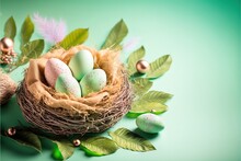  A Bird Nest With Eggs And Feathers On A Green Background With Leaves And Ornaments Around It, With A Green Background With A Gold Ornament And A Pink Feather On The Top Of. Generative Ai