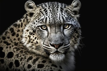  a close up of a leopard on a black background with a black background and a white leopard with blue eyes and a black background with a black background with a white spot and a black. generative ai