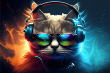 Cool Dj Cat Listening To Music With Headphones On And Sunglasses