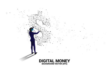Poster - Silhouette businessman wear VR glasses with money dollar icon from Polygon dot connect line. Concept of digital virtual reality technology and AR .