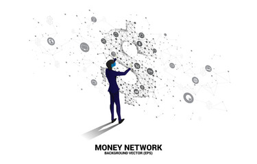 Poster - Silhouette businessman wear VR glasses with money dollar icon from Polygon dot connect line. Concept of digital virtual reality technology and AR .