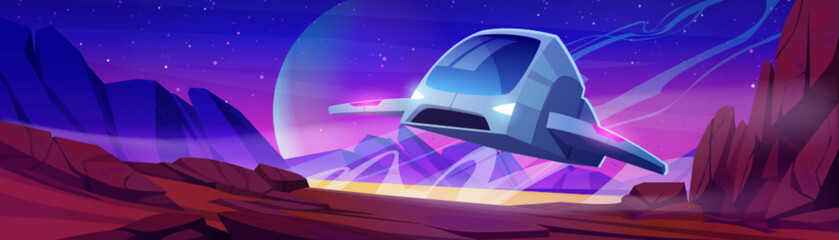 Wall Mural - futuristic spaceship landing at alien planet. vector cartoon illustration of spacecraft flying above