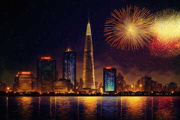 Celebration. Vietnam's Ho Chi Minh City (Saigon) skyline and Landmark 81 skyscraper are illuminated by fireworks. beautiful cityscape at night. holidays, including Tet and New Year's celebrations