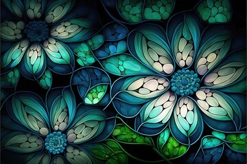  a painting of a flower with green leaves on it's petals and a blue center surrounded by green leaves and petals on a black background with a blue center and white center flower with. Generative AI