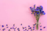 Fototapeta Lawenda - Blue violet dried flower on pink background with copy space , flat lay