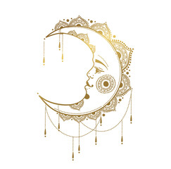 Wall Mural - beautiful golden crescent with face, boho sticker, tarot tattoo, astrology mystical symbol. vector i