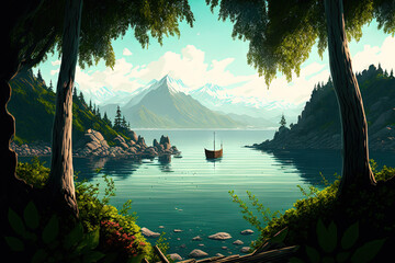 Poster - Sea in the foreground, mountains and rocks covered in lush greenery in the background, and a wooden boat in the middle. Generative AI