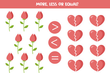 More, less or equal with cartoon valentine day elements.