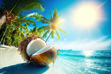 Tropical Caribbean Or Hawaiian Paradise, Summer Travel And Tourism, Beach Holiday Concept, Coconut Fruit And Magnolia Flower On Crystal Blue Clear Sea Or Ocean Background With Palm Palms And Sun Rays