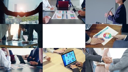 Fototapete - A collage of various business scenes. Transition from a white background. Title template.
