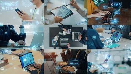 Poster - Collage of various business scenes and digital data concept. Multi screen. Scaling transition.