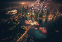 On Singapore National Day, An Aerial View Of The City Of Singapore Showing Fireworks Is Displayed. Generative AI