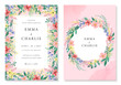 Wedding invitation template set. Hand painted watercolor style plants. pink and colorful colors.