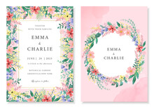 Wedding Invitation Template Set. Hand Painted Watercolor Style Plants. Pink And Colorful Colors.