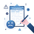 Human hand uses pen and signing complaint document. Bad review from client. Consumer made complaint, poor service, dissatisfaction with the service.
